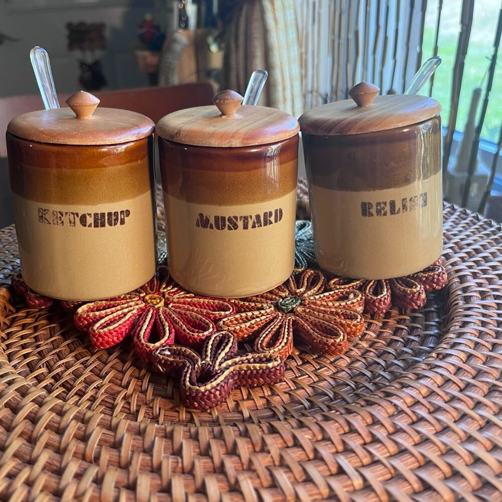 Vintage Japanese Crock Condiment Set Bamboo Lids & Spoons Retro Kitchen Decor